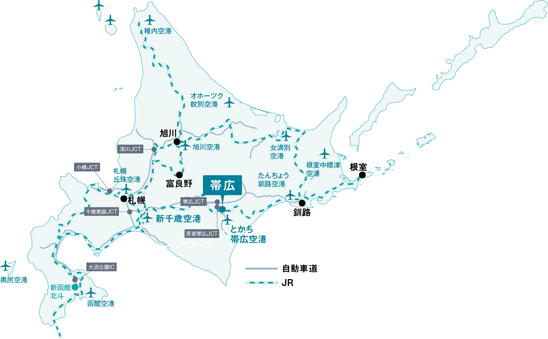 主要都市に●をつけた北海道の地図